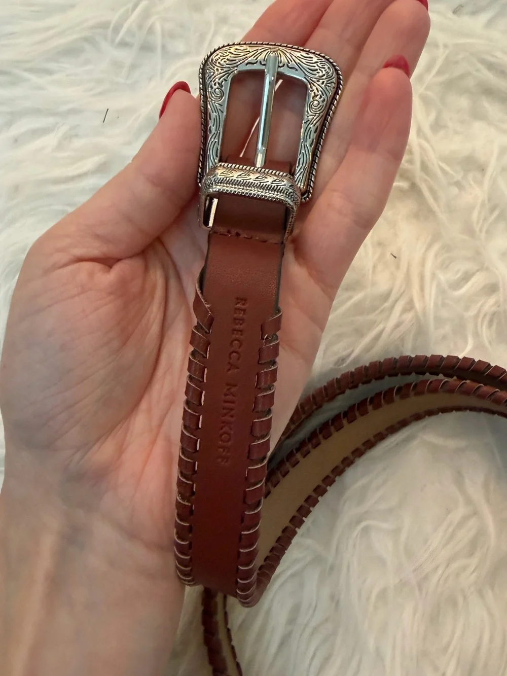 Rebecca Minkoff Brown Leather Western-Stitched Belt with Silver Buckle